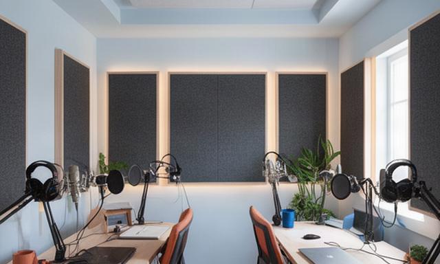 Sala acústica del estudio con dos puestos de grabación y auriculares