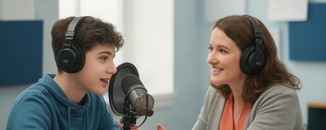 Docente acompañando a una estudiante durante la grabación de un programa de radio educativa