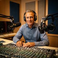 Productor de podcasts trabajando frente a una consola en el estudio de Aranjuez