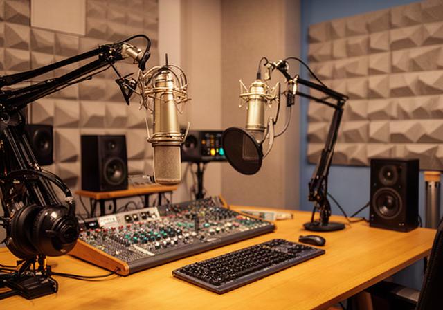 Interior de un estudio de podcasts en Aranjuez con micrófonos profesionales, mesa de producción y luz cálida