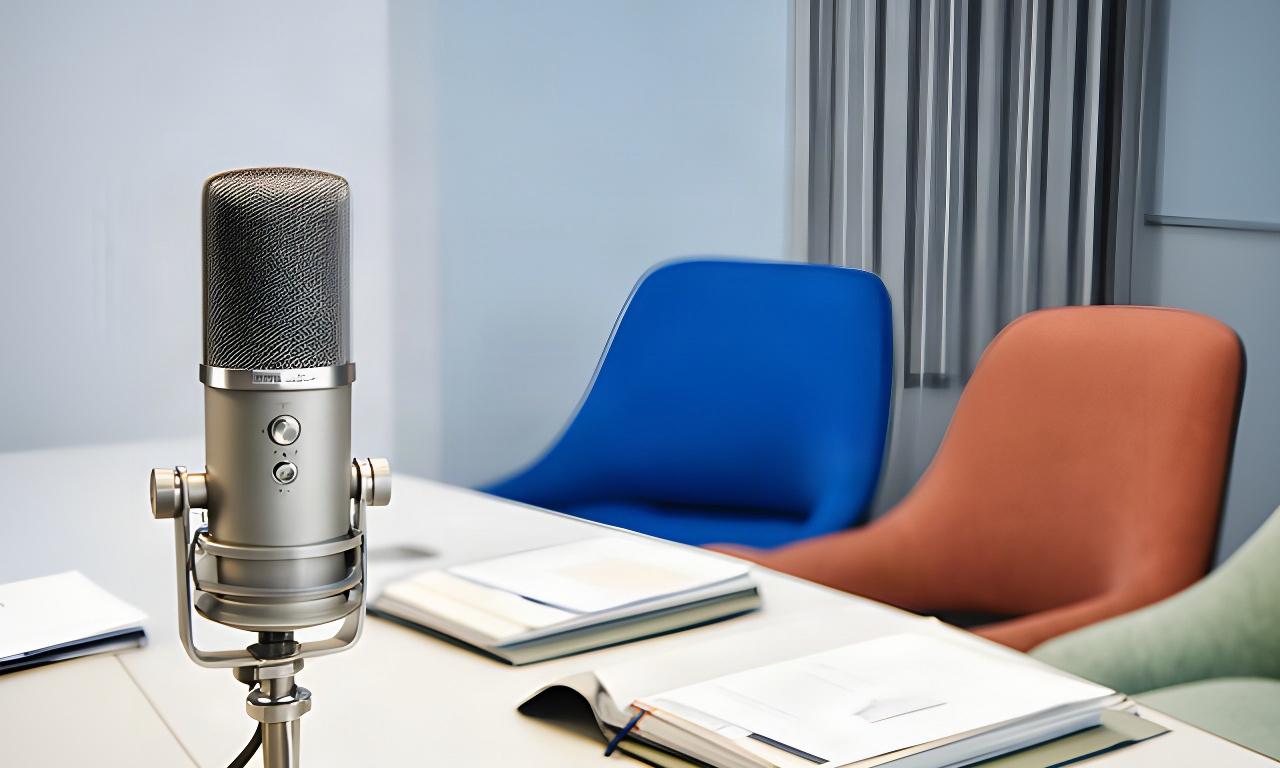 Micrófono profesional sobre una mesa de reuniones con libretas y dos sillones en un estudio de podcasts corporativos