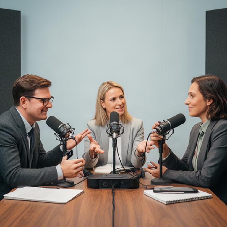 Socios de un despacho profesional preparando una entrevista de podcast junto a una mesa con micrófonos
