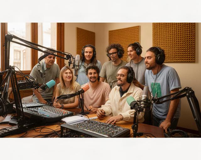 Equipo de producción de podcasts reunido en una sala cálida de grabación en Aranjuez