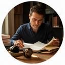 Autor revisando un manuscrito junto a unos auriculares en una mesa de estudio